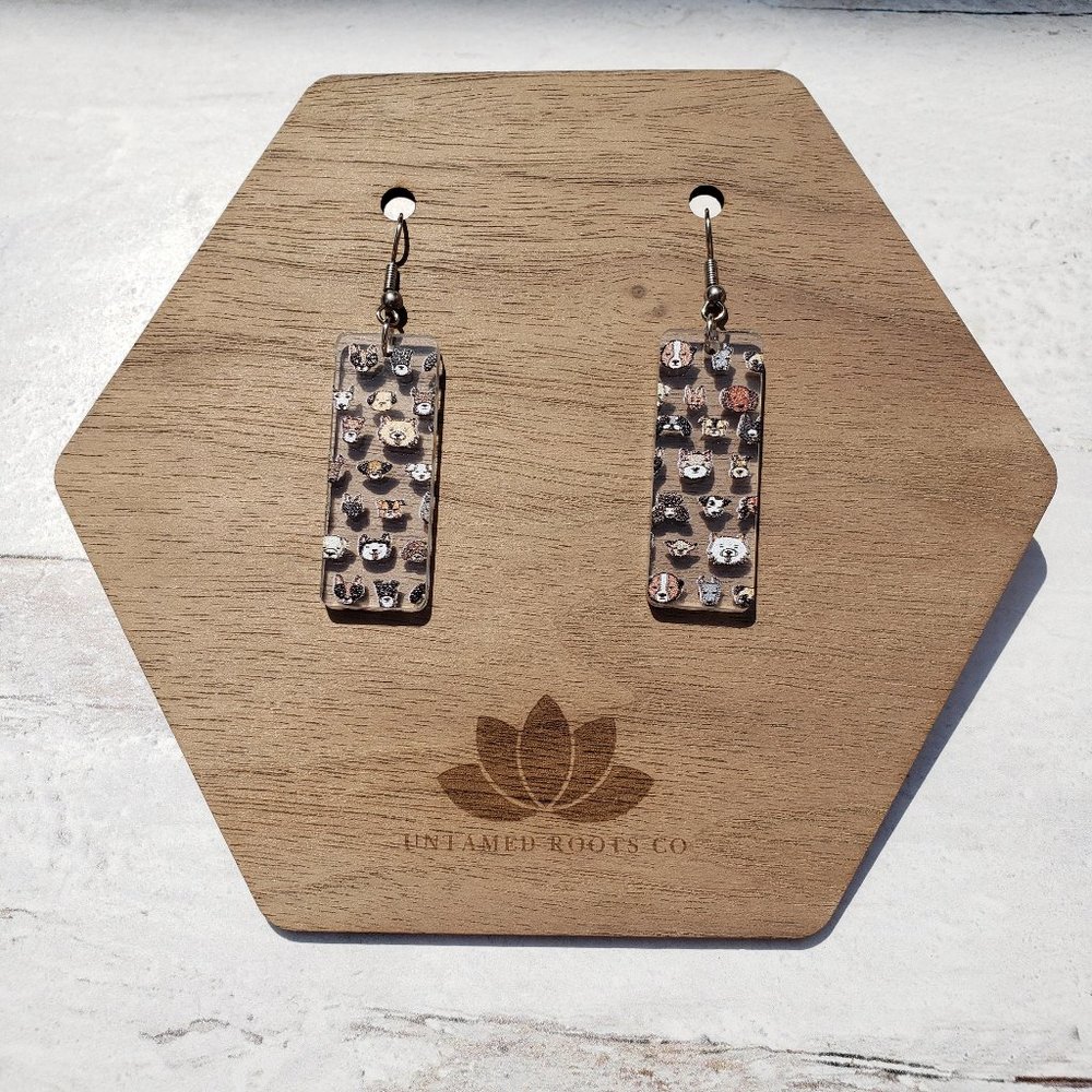Puppy Dog Print Large Rectangle Earrings, Acrylic, Stainless Steel, Handmade